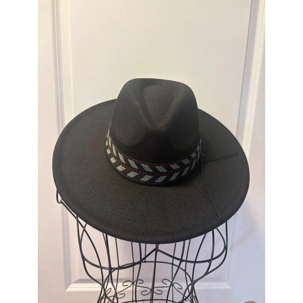 Free People Black Wide Brim Fedora Hat Woven Geometric‎ Band Wool Blend OS